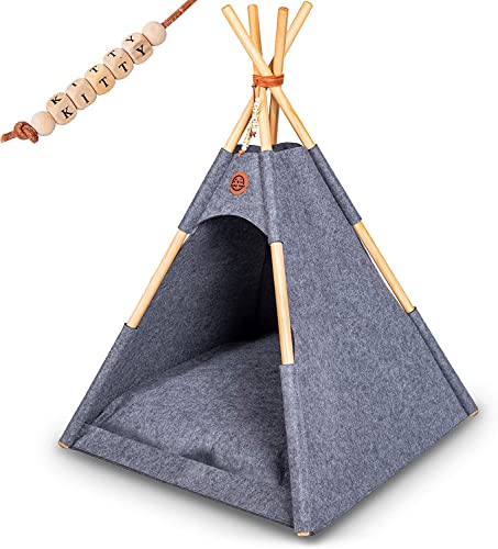 Lucky Lamb Tipi für Hunde und Katzen | Filz Zelt in 65x65x90cm bis 12kg | Hundebett & Katzenbett in Anthrazit grau inkl. Kissen | + GRATIS Namensperlen