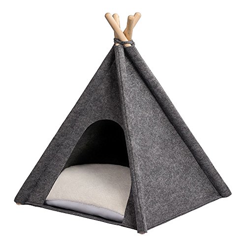 MYANIMALY Tipi Zelt für Haustiere, Katzenzelt, Haustierbett, Haustierhütte für Hunde und Katzen mit beidseitig anwendbarem Kissen, Gestell aus Kiefernholz (100 x 100 cm, Grau/Ecru)